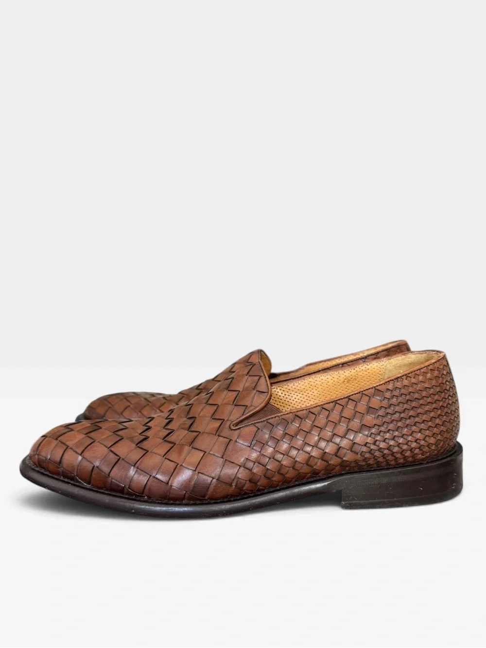 Mezlan 9.5M Brown Woven Leather Loafers Italian Vero Cuoio Vintage